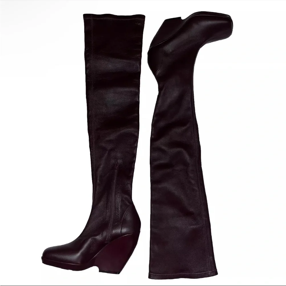 Khaite Red Over Knee Boots Leather Burgundy OTK 7.5 Stretch Wedge Heel NIB 🟡